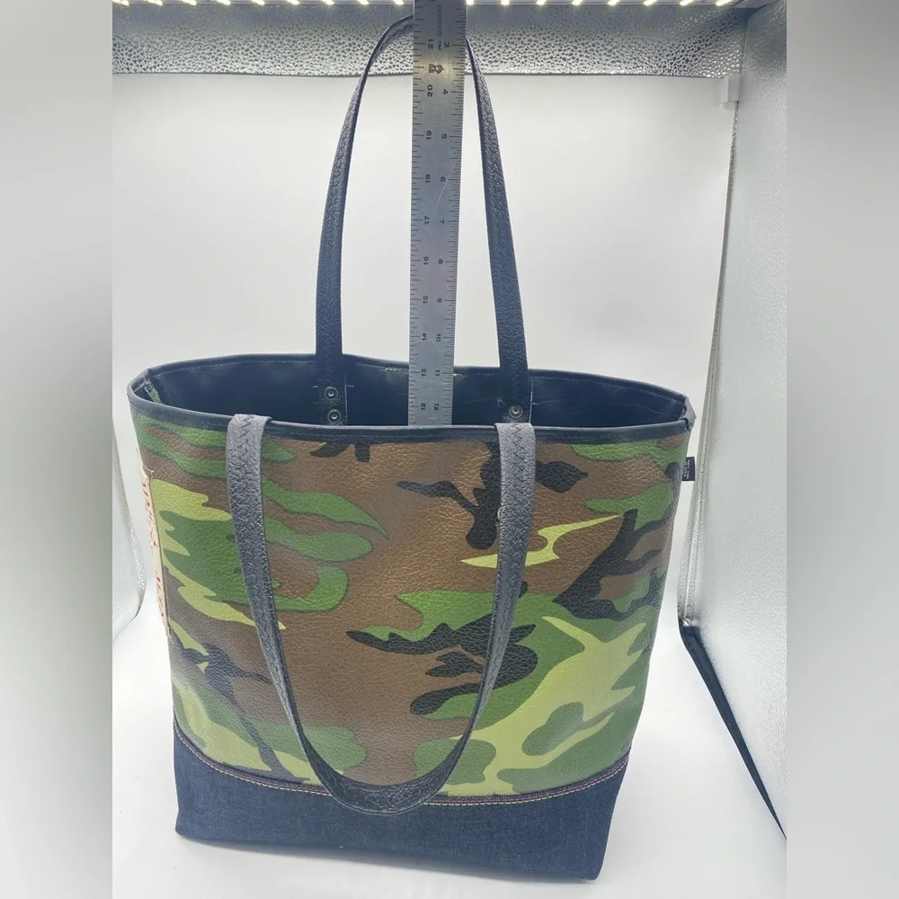HANDMADE Unisex Camouflage Vegan Leather/ Denim Tote Bag.OS